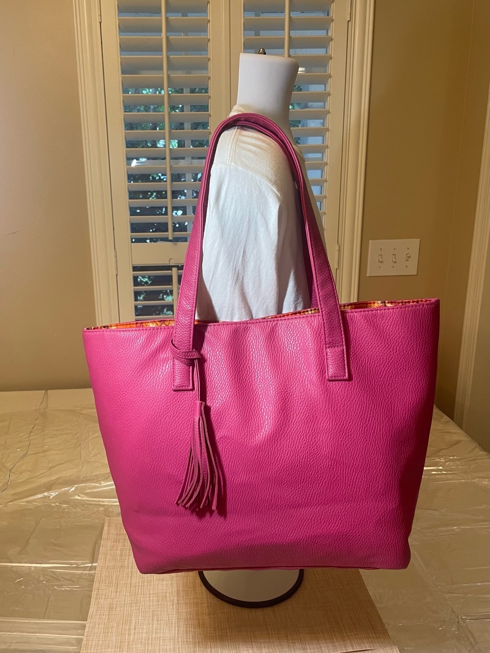 Fuchsia Hot Pink women’s large Tote bag with Inner Zip & pink tassel